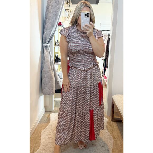 Perry Walker Collective Drop Waist Smocked Patchwork Maxi Dress Red Small - Picture 1 of 8